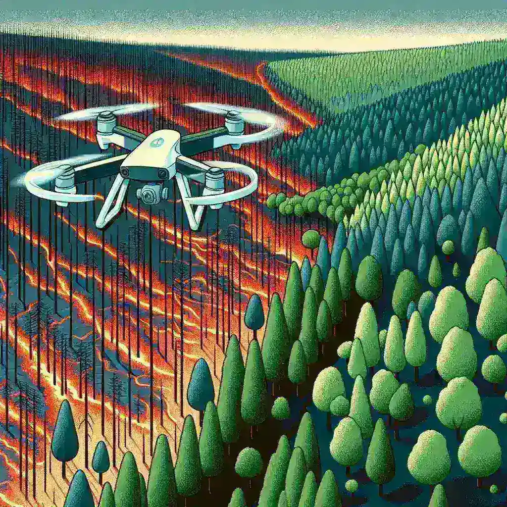 "Drone capturing aerial view of wildfire burn scar in a forested area, as part of USGS's new mapping program for monitoring ecological impacts and recovery processes."